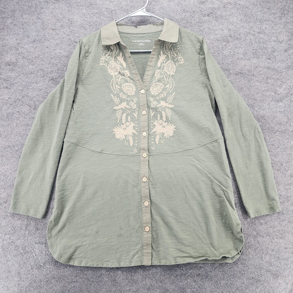 Soft Surroundings Shirt Womens Small Button Up Long Sleeve Green
